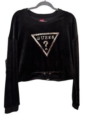 GUESS Black Velvet Sequin Logo Cropped Sweatshirt NWOT